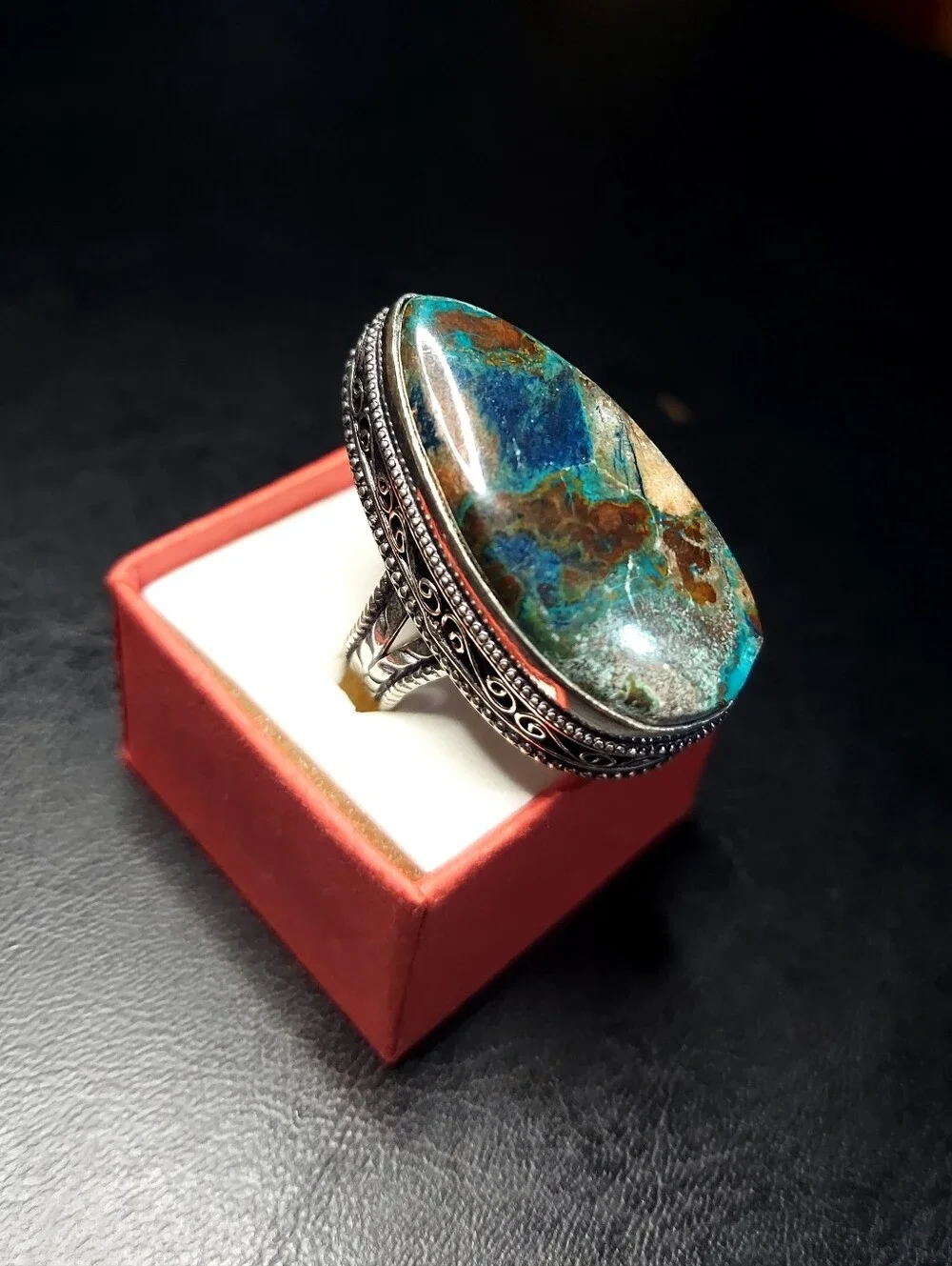 Handcrafted High-Profile Azurite Oversized Teardrop Ring (9.5)